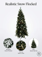 Sapin de Noël artificiel amincissant de 2,1 m pré-éclairé, floqué, avec lumières LED blanc chaud, en PE+PVC, pour décoration intérieure des fêtes
