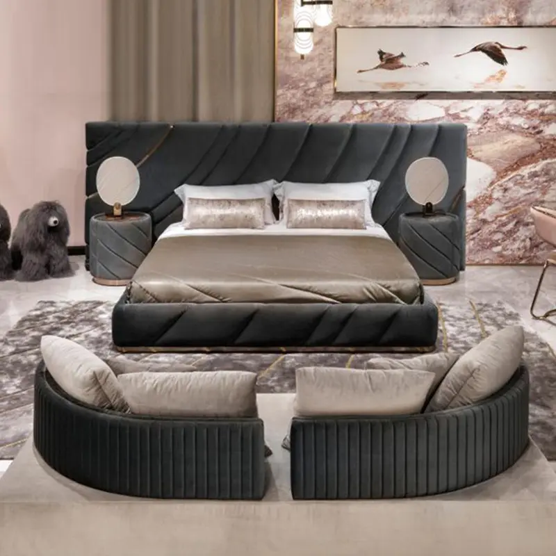 Custom made fabric uphosltery hotel king size bed modern design fully upholstered high headboard bedroom king bed