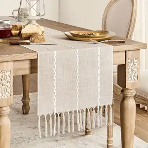 Skymoving New 15x60 Inches Rustic Boho Linen Table Runner With Hand-Woven Lush Tassels For Dining Party Holiday