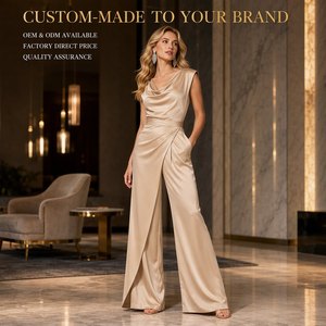 <span class=keywords><strong>Combinaison</strong></span> sur mesure en satin champagne à col drapé pour <span class=keywords><strong>femme</strong></span>, <span class=keywords><strong>pantalon</strong></span> large avec panneau drapé, longueur ras du sol, soirée glamour, vente en gros - Product Image 3