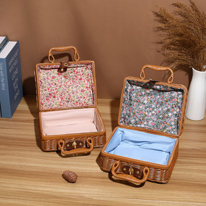 Handheld Ronde Koffer Begeleidende Geschenk Organizer Vintage Geweven Rotan Dozen - Product Image 2