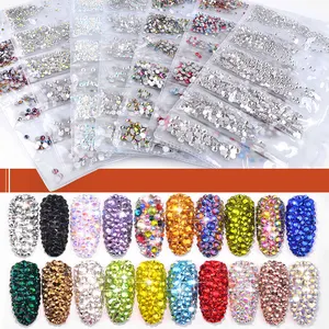 Strass à ongles en cristal à dos plat, Art, strass multicolore, brillant, tailles mixtes, avec colle adhésive, 16 facettes de forme ronde, 1 boîte