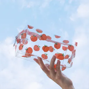 Custom Logo Pvc Transparent Clear Zipper Peach Cosmetic Makeup Make Up Toiletry Wash Travel Pouch Bag