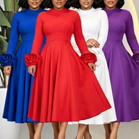 Gaun Gereja Modis J645 untuk Wanita, Kasual Elegan, Kerah O, Hiasan Bunga 3D, Lengan Panjang, Model A-line, Gaun Pesta Wanita, Gaun Kerja Afrika