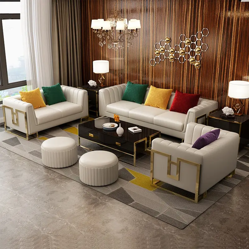 Sofá de luxo dourado em aço inoxidável, cadeira para sala de estar 2-3 lugares