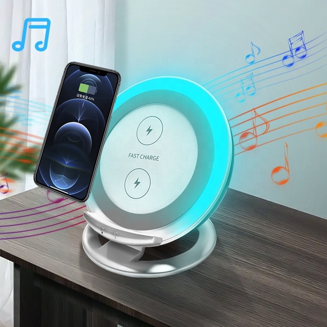 Cute 15W Speaker with LED Lamp Portable Wireless Charger Phone Holder OEM Bedside Nightstand Accessory