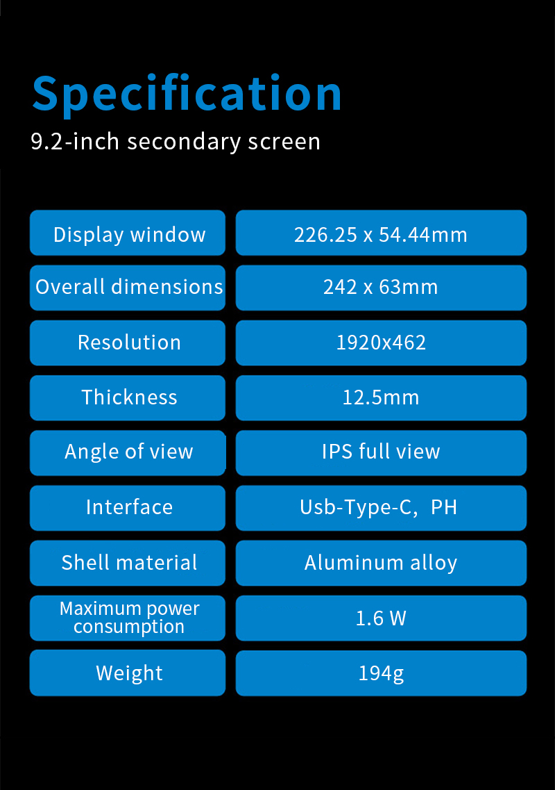 TURZX 9.2 Inch USB-C Secondary Screen, IPS 1920x462 LCD Panel for