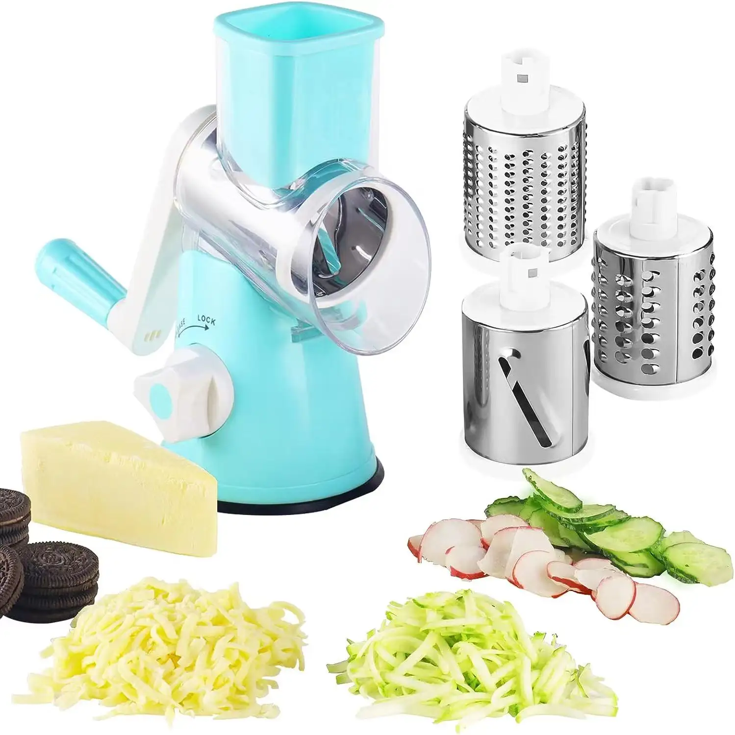 Kitchen accessories 3 In 1 rotary cheese grater machine vegetable chopper Vegetable SlicerHandle Round Mandoline Slicer