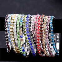 Parlak Gümüş Kaplama 3mm Bling Rhinestone Elastik Bileklik Çok Renkli Esnek Kristal Tenis Bilekliği Kadınlar İçin