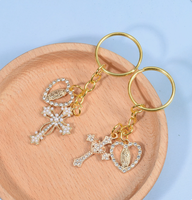 Porte-clés en métal doré pour femme avec pendentif cœur en strass et perles, Vierge Marie, croix, breloques pour voiture/sac à dos/sac
