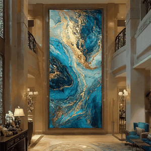 Dipinto a Olio Astratto Blu e Oro di Lusso, Grande Quadro Verticale su Tela con Effetto Fluido - Product Image 1