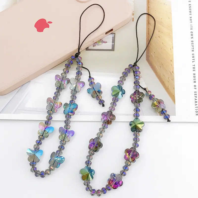 Diy Beaded Colorful Stone Beaded Flower Cell Phone Chains Vintage Transparent Crystal Butterfly Phone Lanyard Charms Hand Wrist