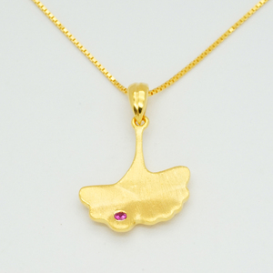 IGI Certified 14K Gold Ginkgo Leaf Pendant <b>Necklace</b> Pink Sapphire Bezel Box Chain Birthstone Gifting Jewelry - Product Image 1
