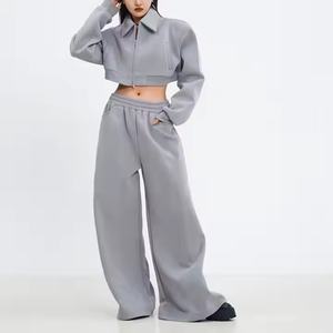 Survêtements d'automne pour femmes, mode streetwear, veste courte à fermeture éclair et col à revers, ensemble de pantalons de survêtement en coton French Terry 100% pour femmes - Product Image 5