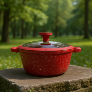 Juego de Utensilios de Cocina Antiadherentes de Mármol Rojo de 30 cm con Tapa de Vidrio de Shorbull, Olla de Aluminio para Estufas de Gas e Inducción, Diseño Moderno y Ligero - Product Image 2