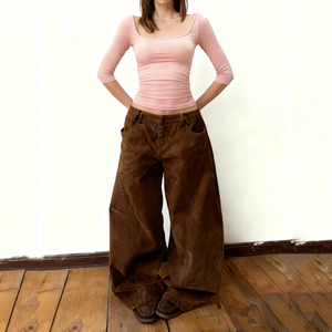 กางเกงยีนส์ขากว้างทรงหลวมเอวสูง สีน้ำตาล สไตล์เรโทร สตรีท แคชชวล - Product Image 3