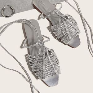 Sandalias romanas doradas y plateadas, zapatos planos con punta abierta y tiras para mujer, talla adulta Sy6188 Aa1 - Product Image 2