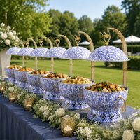 Chauffe-Plat Buffet en Acier Inoxydable Style Luxe Classique Porcelaine Bleue et Blanche pour Fêtes et Mariages