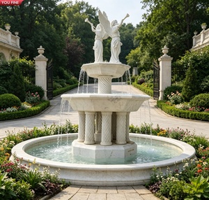 Fontaine de jardin à deux niveaux en marbre blanc sculpté à la main YOUFINE avec statues de cygnes pour l'aménagement paysager de villa - Product Image 2
