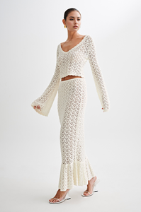 Personnalisé Sexy Élégant <span class=keywords><strong>Beige</strong></span> Col V Dentelle Tricot Squelette Haut à Manches Évasées Avec Longue Jupe En Queue De Poisson Ensemble Deux Pièces pour Femmes - Product Image 2