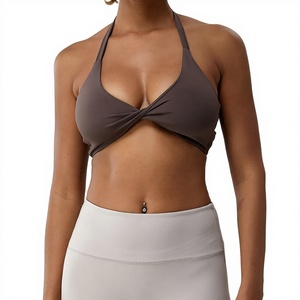 Women's Twist Front <b>Halter</b> Sports <b>Bra</b> Deep V-<b>Neck</b> Medium Support Breathable Yoga Top Solid Color Spandex Polyester Sports <b>Bra</b> - Product Image 1