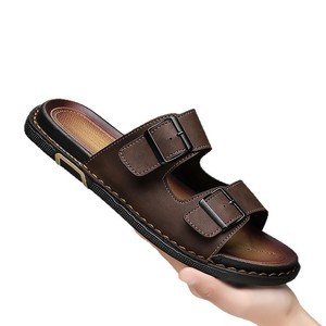 Sandalias de verano para hombre, de moda, con punta abierta, doble hebilla metálica ajustable, de piel sintética suave, cosidas a mano, antideslizantes. - Product Image 5