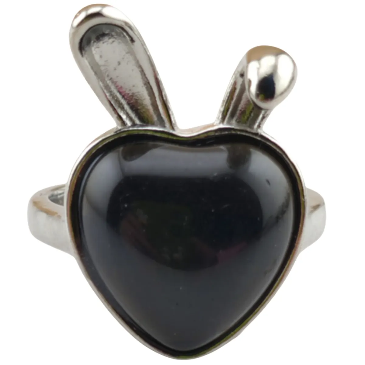 Factory Wholesale Silver Rabbit Black Onyx Stone Rings for Women Girls Love Heart Gemstone Anxiety Relief Jewelry Accessories