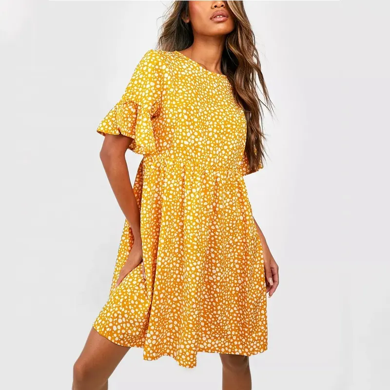 summer yellow beautiful fashion dress custom graphic print women short sleeve smock dress