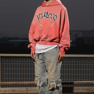 Sudadera con Capucha de Algodón Puro de Alta Calidad, Color Rojo Anaranjado Deslavado, Estilo Retro Europeo Americano, para Uso Diario, Lavado Ácido, Corta - Product Image 4