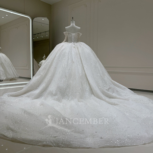 Robe de mariée moderne Xx86 en tulle, couleur ivoire, épaules dénudées, avec appliques, perles de cristal et paillettes, coupe princesse, traîne chapelle - Product Image 5