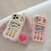 Coque de téléphone en peluche 3D rétro mignonne avec bébé et béquille pour objectif, en fourrure moelleuse antichoc pour iPhone 11-17 Pro Max, cadeau d'hiver pour fille