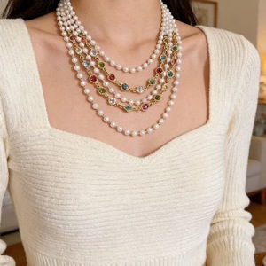 Collier Multicouche en Alliage avec Perles d'Imitation et Cristaux Multicolores pour Femme, Style Vintage, Bijou de Soirée 2026 JX100 - Product Image 2