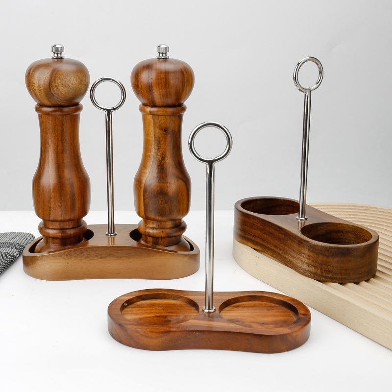 Double Tiers Acacia Wood Grinder Bottle with Wooden Base Seasoning Storage Tray and Coaster Mat
