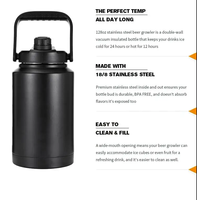 64oz & 128oz 1 galon koutim logo doub miray asye pur vakyòm thermos byè growler ak manch