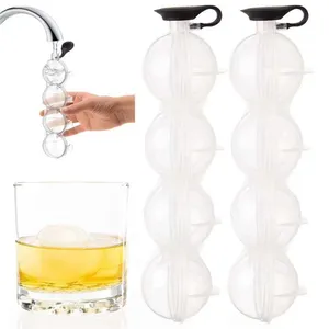 Home Bar Party Tools 4 Cavity Round Silicone Ice Ball Maker Mold Plastic Large Sphere Tray Mould Ice Ball Maker For Whiskey