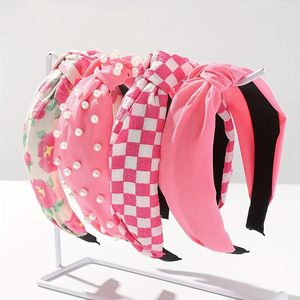 Faixa de Cabelo Rosa com Nó, Faixas de Cabelo Largas com Nó Superior, Acessórios Elegantes para Cabelo Feminino com Padrão Floral de Pérolas - Product Image 1