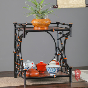 Bamboo Lacquered Tea Shelf With Woven Top And Bottom Desktop Storage Rack For Tea Set Display - Product Image 2