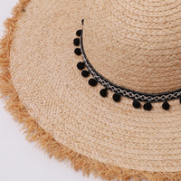 Chapeau de soleil pour femme en paille de raphia tressée à la main, à large bord et calotte ronde, avec bord brut et pompon, style coréen, pour l'été, la plage et les voyages, chapeau jazz