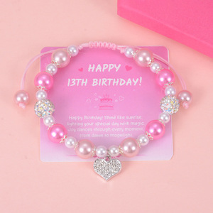 <b>Heart</b> Shaped Pearl Beaded Bracelet Imitation Pearl Women's Jewelry Gift for 13th Birthday Pink and Silver Tone - Product Image 2