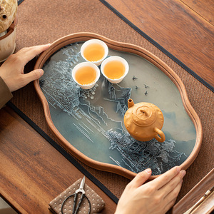 Chinese Style Landscape <b>Tea</b> <b>Tray</b> Bamboo Glass Irregular Shape Eco Friendly For Kung Fu <b>Tea</b> Ceremony Accessories - Product Image 2