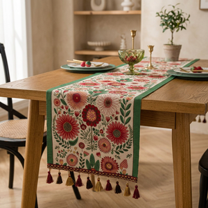 Vintage Floral Garden Yarn Dyed Knitted Jacquard Boho Style 100% Polyester <b>Table</b> <b>Runner</b> with Tassels for Home & Hotel Use - Product Image 2