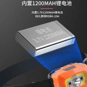 Headlamp <b>Led</b> Rechargeable Battery 3.7V 1200Mah <b>Motion</b> <b>Sensor</b> Camping Outdoor <b>Lighting</b> Orange Plastic Body USB Charging - Product Image 1