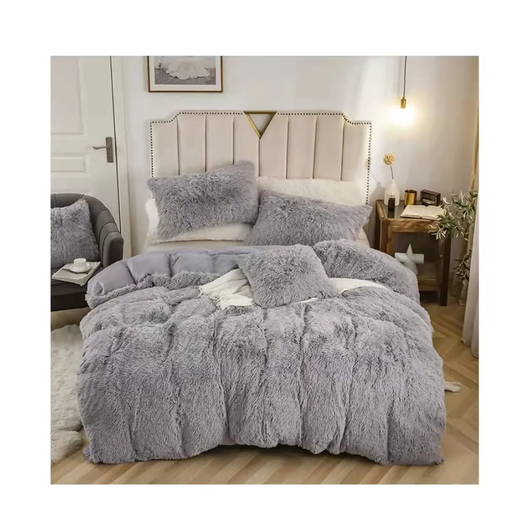 100 polyester 3 pcs bed full set Faux Fur Velvet Bedding Set Fluffy Plush Shaggy Duvet Cover Set Bedspread King Size