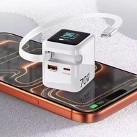 Cargador Rápido USB C PD GaN de 70W con Cargador de Pared Digital 3 en 1 con IA, Adaptador de Cargador USB C Retráctil para iPhone 18 17 iPad