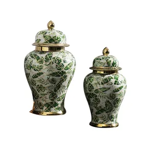 Penjualan laris stoples vas keramik gambar baru stoples Modern cahaya mewah karya seni keramik hijau jahe jar dekorasi rumah keramik