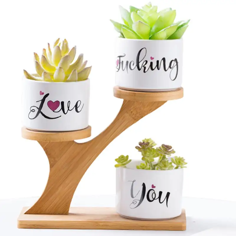 Resgate conjunto de vasos para plantas, conjunto de três peças de potes de flores com bandeja de bambu para decoração caseira