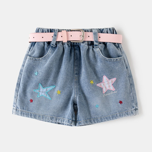 Shorts in <span class=keywords><strong>Jeans</strong></span> da Ragazza, Carini e alla Moda per l'Estate, con Stampa a Stelle, Gamba Dritta, in Denim - Product Image 1