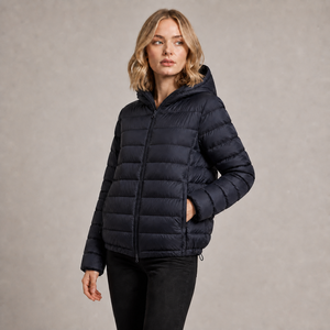 Manteau d'hiver unisexe pour femme, à capuche, couleur unie, fermeture éclair, style décontracté, noir, coupe ajustée, 90% duvet - Product Image 1