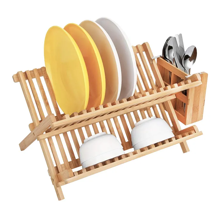 Folding Dish Rack with Utensil Holder Bamboo Dish Rack for Kitchen