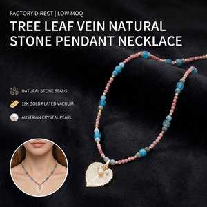 <span class=keywords><strong>Collana</strong></span> con Ciondolo Unisex Bohemien Vintage in Titanio Placcato con Perle di Pietra Naturale, Cristallo Austriaco e Imitazione Perla, con Venature a Foglia d'Albero Reale - Product Image 1